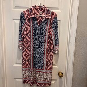 Chicos‎ Women's Size Large US 12 Vanity 2 Coral Navy Paisley Print Shirt Dress